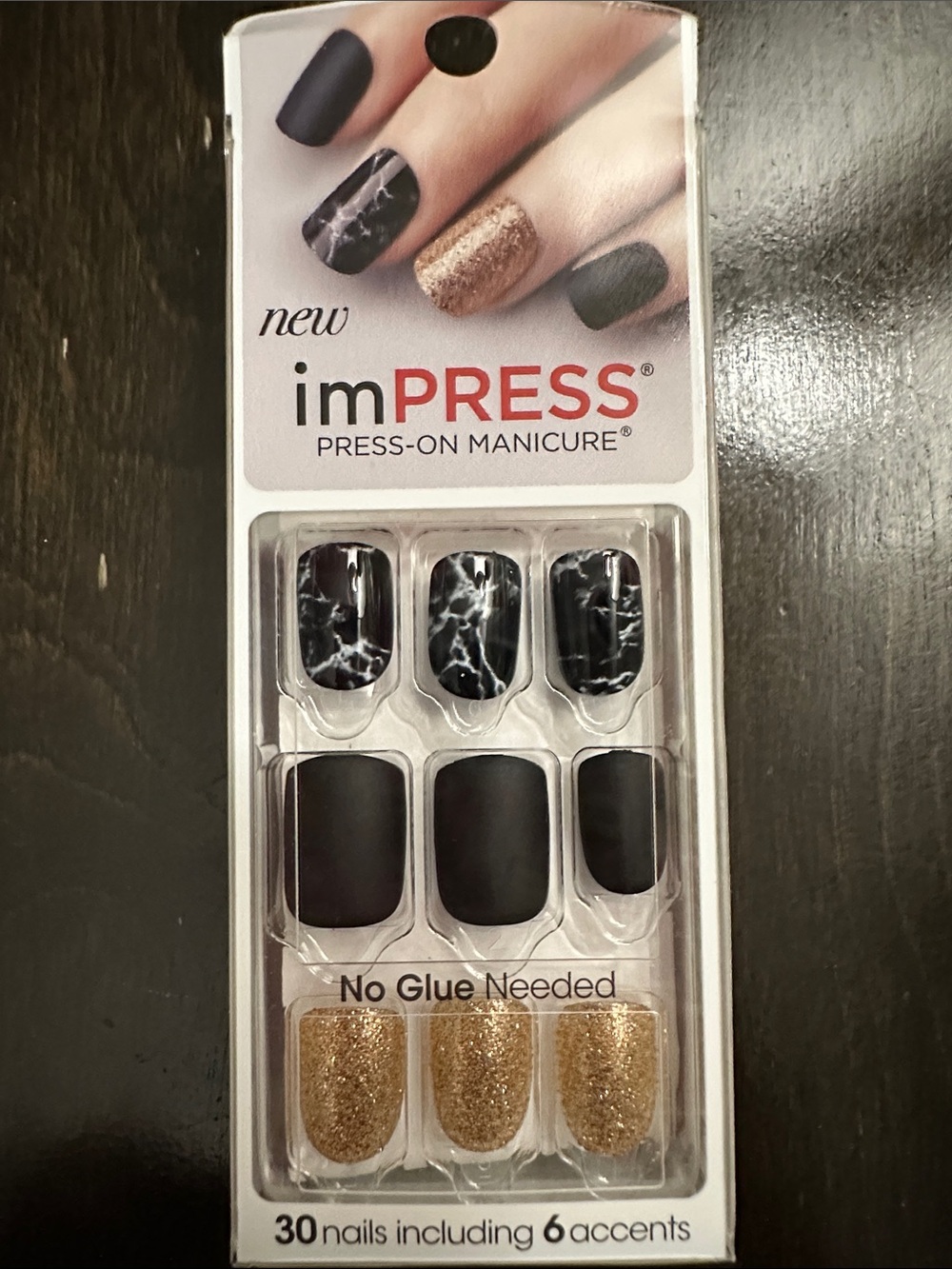 imPRESS Press-On Manicure Nails - Black, Gold & White Marble Accents